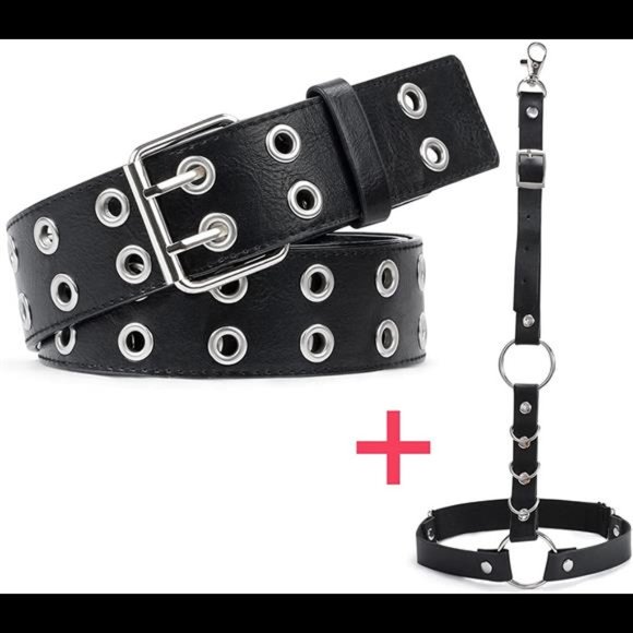 Double Grommet Leather Belt with Detachable Chain for Women Men SUOSDEY Punk Roc